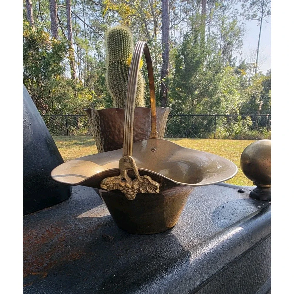 Vintage Brass Flared Basket Bowl w/ Swing Handle & Grapes Mid Century Decor